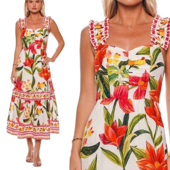 FARM RIO Cashew Floral Tiered Midi Dress Sz.M White Ruffle Garden Tropical - Picture 15 of 15
